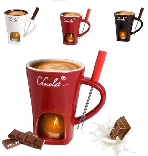 Chocolate Fondue Mug Set with Forks, 200ml Ceramic Melting Cup for Chocolate, Cheese, Caramel, Personal Fondue Warmer for Hot Chocolate, Candy, Dip, Birthday Gift (A)
