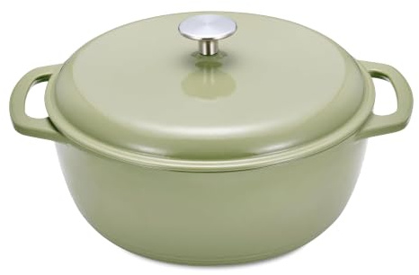 Amazon Basics Cast Iron Casserole Dish with Lid, Enamelled, Round, Heavy-Duty, 4.1 L, Olive