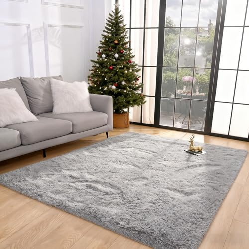 ZXIAOHUI Hochflor Teppich Wohnzimmer 110 x 150 cm Anti-Rutsch Unterseite, Flauschig, Super Soft, Moderne Deko, Waschbar, Teppich Hochflor Flauschig, Wohnzimmerteppich, für Schlafzimmer, Grau