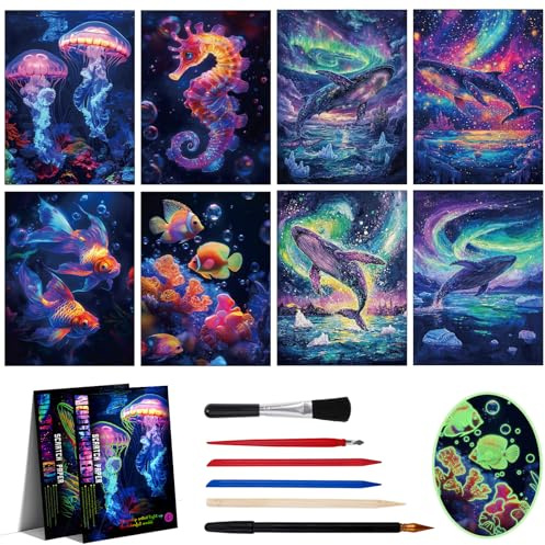 Kratzbilder Set, XIATIAN Kratzmalerei Kratzkarten A4 für Erwachsene, Magic Rainbow A4 Kratzpapier, Kreatives Scratch Art Glow in the Dark für DIY-Handwerk mit Kratzwerkzeuge Kit