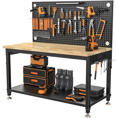 CAMMOO 48 Heavy Duty Work Bench Adjustable Height Max Load 2000 LBS with Storage Shelf for Garage Workbench, Rubberwood Tabletop with Pegboard for Woodworking Shop