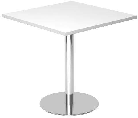 bümö Besprechungstisch, Esstisch klein, Tisch eckig 80x80 cm in weiß, Gestell: verchromt - Kleiner Rundtisch für 2 Personen mit Holz-Platte, Säule aus Metall, Konferenztisch, Bistrotisch
