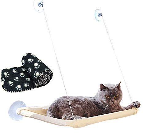 JZK Window Mounted Cat Hammock + Blanket, Suction Cup Pet Bed and Black Blanket for Cat Perch