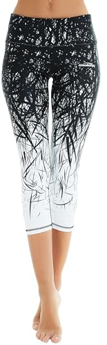 COOLOMG Damen Sport Leggings Yoga Hosen-Fitnesshose, B-schwarz- weiß (Capri), Gr.-M