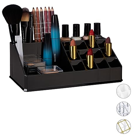 Relaxdays Kosmetik-Organizer Acryl, Kleiner Make Up Organizer mit 16 Fächern für Schminke & Lippenstift-Halter, schwarz, 8 x 22 x 12,5 cm