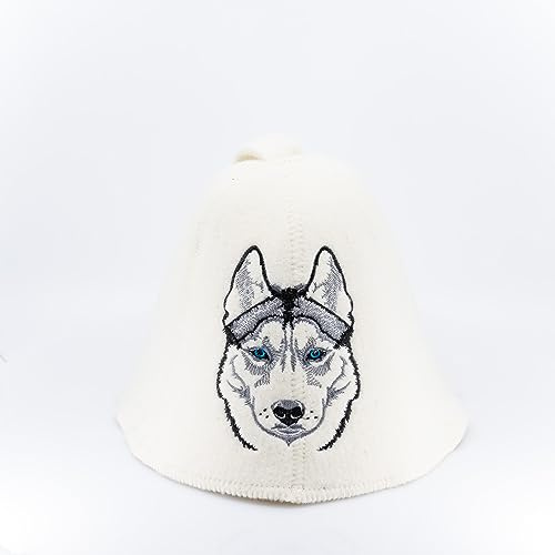 Natural Textile Chapeau de Sauna 'Sauna Husky' Blanc - 100% chapeaux en feutre de laine biologique - Protégez votre tête de la chaleur - Guide ebook incluse pour sauna en anglais