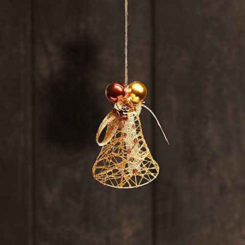 COM-FOUR® Campana Decorativa de Navidad - Decoración navideña Brillante para Colgar - Decoración de Adviento con Lazo, piñas y Bolas - Colgante Decorativo Dorado (Campana - Oro/Marrone/Rosso)