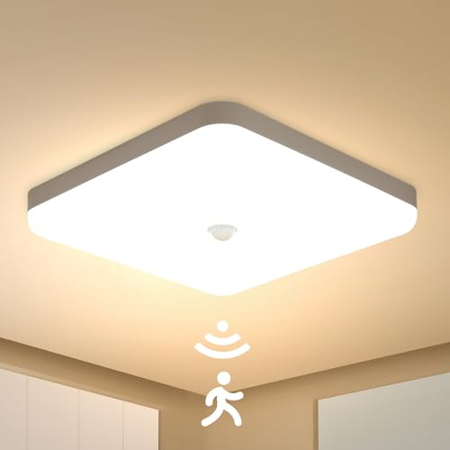 Combuh Led Taklampa med Rörelsesensor 30W 2400LM, IP56 Vattentät Badrumsbelysning, 3000K Varmvit, Takpanel för Garage, Hall, Trappor, Förråd, 25 x 25 x 4 cm