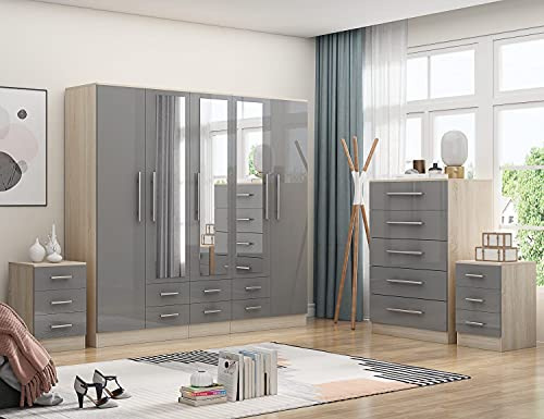 Unique Furnishings High Gloss Grey 5 Door Wardrobe with 6 Drawers & Mirrors + 1 Bedside Table, Large Modern Bedroom Furniture Storage Set