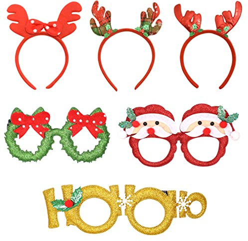 LAPONO 3*Weihnachtsstirnbänder Und 3* Weihnachtsbrillen Kreative Weihnachten Brillen Haarschmuck Gläser Brillengestell Haarband Sortierte partybrille Gastgeschenke und Dekoration Weihnachtendekor (B)