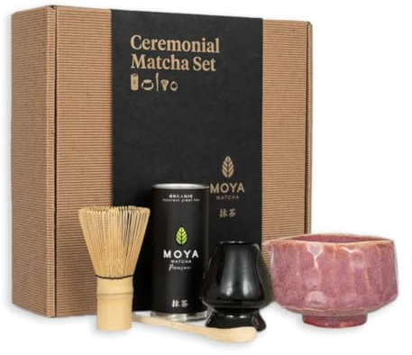 Moya Matcha set Juego de Té matcha Orgánico Japonés | 30g Premium Grado Ceremonial Matcha | Cuenco negro + Batidor + Soporte + Cuchara | Té matcha preparación Ceremonia del té japonés El Primero Grado