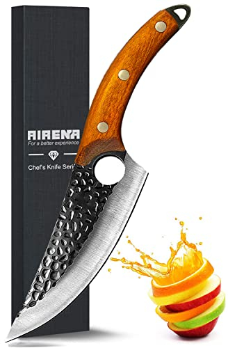 AIRENA Coltello Chef Cucina Forgiato a Mano, in Stile Giapponese - Acciaio Inossidabile Tedesco - da Esterno ,con Fodero in Pelle e Manico Full Tang per Casa, Campeggio, BBQ