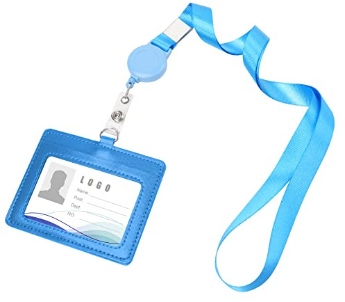 Vicloon Colgante de Tarjeta de Identificación PU, Soporte de Tarjeta ID de Doble, Caracuero Horizontal Portatarjetas con Lanyard y Retráctiles para Personal, Oficina (Azul Claro
