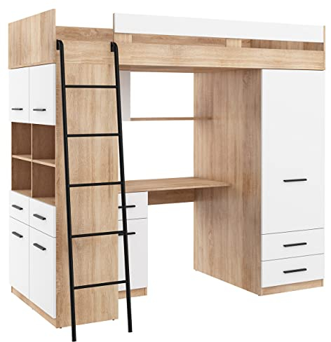 BIM Furniture Loftsäng nivå L 200 x 90 cm våningssäng, sovrumsset, barnsäng, skrivbord, garderob, barnmöbelset, vänster sida (Sonoma-ek/vit)