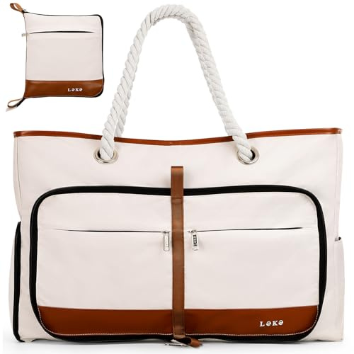Lekespring Strandtasche Damen Groß mit Reißverschluss, Vielseitiger Damen Shopper Badetasche Saunatasche Reisetasche Tote Bag für Strand Reisen Einkaufen Sport u.Arbeit (Beige)