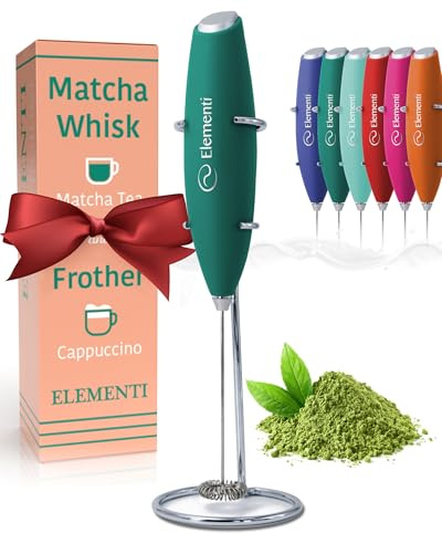 Elementi Matcha Whisk & Frother Set - Powerful Electric Matcha Mixer for Powder, Easy to Use Electric Whisk Kit - Craft Effortless Lattes with the Elementi Milk Frother Wand & Wisk (Emerald Green)