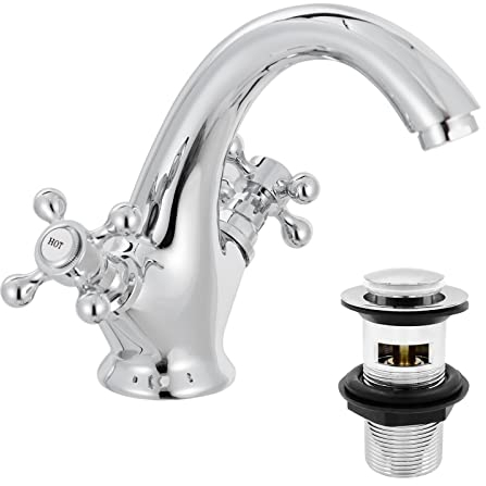 Victoria Bathroom Sink Tap for Basin with Pop Up Sink Plug Dual Cross Lever Chrome Brass Swan Neck Bathroom Tap Mixer Traditional Basin Mixer Tap 662WCR