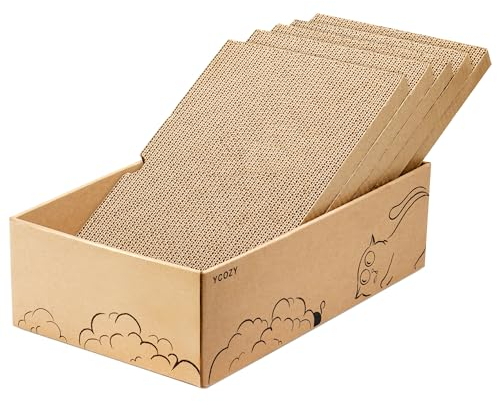 Ycozy Kratzbrett Katze mit Box und 5 Kratzbrettern, Groß Doppelseitige Kratzpappe für Katzen Hochwertiger Austauschbare Karton Widerstandsfähig Katzenmöbel