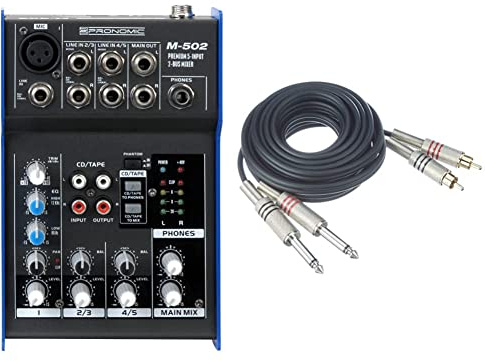 Pronomic M-502 Live/Studio Mischpult (1 Mono-Kanäle XLR/Klinke, 2-Stereo Kanäle, 3-Band-EQ, 48V Phantomspeisung) & Adam Hall Cables K3TPC0300 Audiokabel 2 x Cinch male auf 2 x 6,3mm Klinke mono 3m