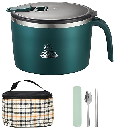 Ramen Schüssel Set, Rostfreier Stahl Ramen Bowl Schüssel, Japanische Suppenschüssel mit Griff, Salatschüssel mit Deckel, 1200ML Schüssel Instant Nudelschale Kornflakesschüssel (Grün)