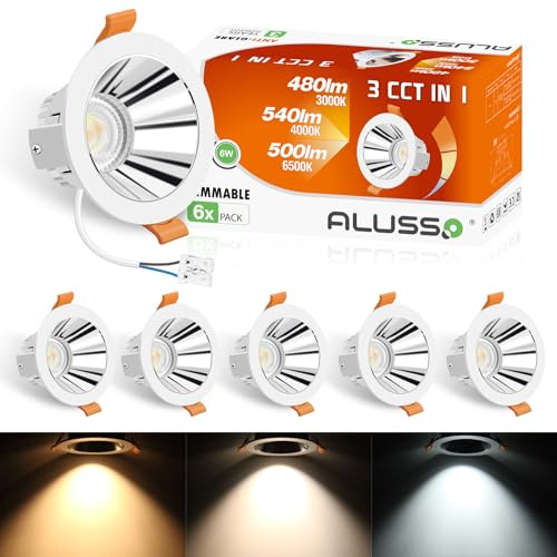 ALUSSO LED Einbaustrahler 230V Blendfrei 6W LED Spots Dimmbar 3CCT 6er Set | Spots Deckenleuchte Warmweiß 3000K Neutralweiß 4000K Kaltweiß 6500K Weiß Silber Einbauspots, Deckenstrahler für Küche