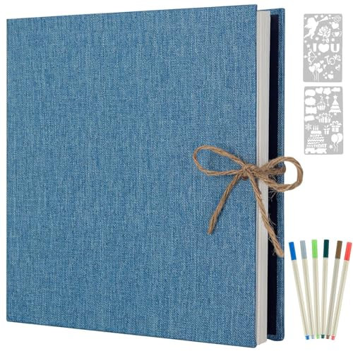 AIOR Album Foto Autoadesivo 60 Pagine Bianche, Lino Album Foto Scrapbook Guestbook, Regali Nozze Natale Valentino Regalo di Anniversario Compleanno, 33x32cm (Blu)