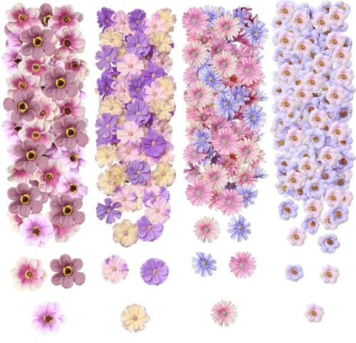 Cindeer 217 Pcs Small Fake Flowers Heads for Crafts Bulk Mini Silk Artificial Flower for Decoration Small Faux Flower Heads Fabric Daisy Buds Floral for Crafts DIY Wedding Party(Purple Series)