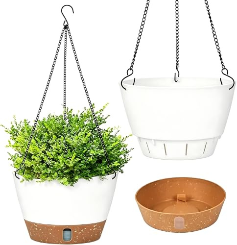 Evoio 2 Pack Hanging Plant Pot, 25CM Self Watering Flower Pots Hanging Baskets for Plants Flowers with Visible Water Level Tray Drainage Holes Removable Tray for Indoor Outdoor Plants(White)