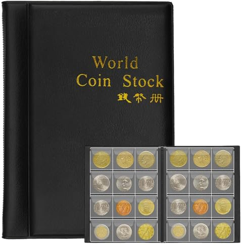 NOCHME Münzalbum Albumbuch 120 Taschen 3x3cm Anti-Oxidation Etui Organisieren und Präsentieren Leder Münzhalter Münzsammlung Buch Geld Penny Pocket für Sammler Schwarz