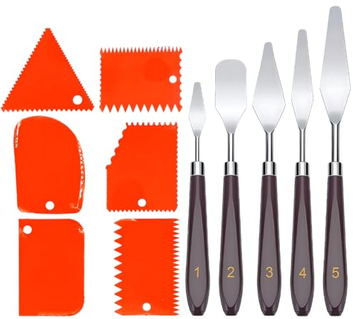 JTUYPT 11 Pcs Espatulas Pintura Acrilica Set, 5 Cuchillos de Paleta de Acero Inoxidable+6 Cuchillos Rascadores Raspador para Arte Mixto Pintura Espatulas Aceite espátula de Color