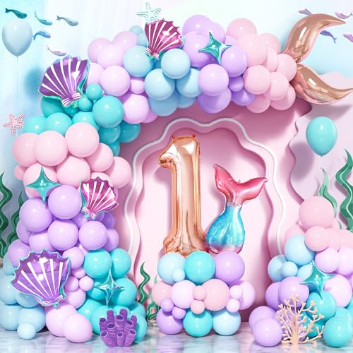 Mermaid 1st Birthday Balloon Garland Arch Kit, 125 Pcs Pastel Pink Blue Purple Teal Blue Latex Balloons with Number 1 Mermaid Tail Shell Foil Balloons for Girls Princess Mermaid Theme Party Supplies