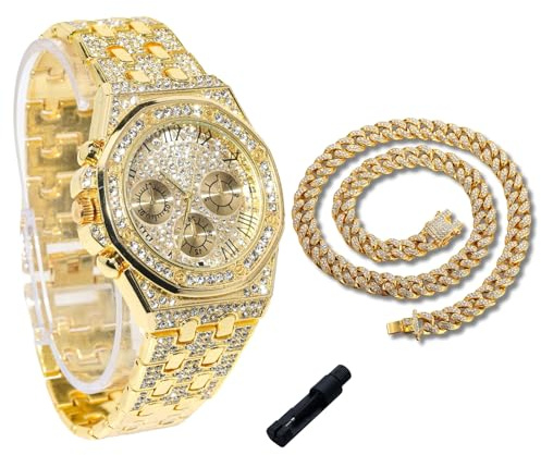 Genkigold Diamantklocka för pojkar – åttakantig urtavla 38 mm med romerska siffror – 18K guld/platinapläterad 19,5 cm rem, inklusive justeringsverktyg, kan kombineras med kubansk kedja, Guldklocka och