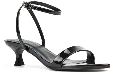ESSEX GLAM Women Kitten Low Heel Strappy Sandal Ladies Black Patent Ankle Strap Two Part Heeled Shoes Size 5
