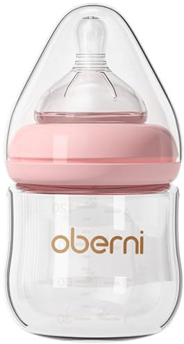 Oberni Glass Baby Bottle, Easy to Clean, Anti-Colic Baby Bottles with Slow Flow Breast-Like Teat 120ml (Pack of 1), 0m+, Pink
