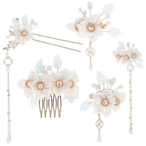 Yuanchu 5 Stück Blumen Haarschmuck Hochzeit, Perlen Brautschmuck Haare Kamelienblüten Haarkamm Quasten U-Förmig Braut Haarnadeln für Frauen Mädchen Hair Accessories