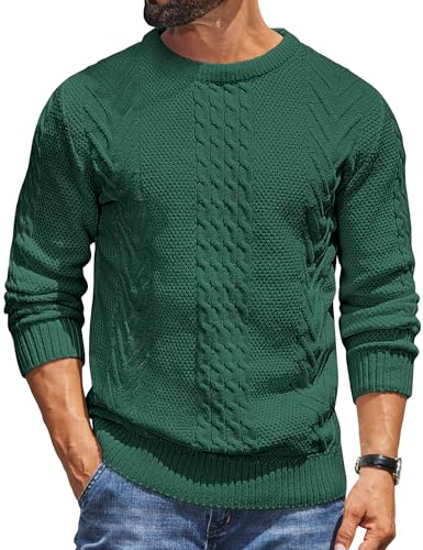 COOFANDY Jersey Hombre con Cuello Redondo de Punto Cable Verde Oscuro M