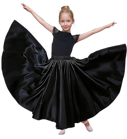 Baisdan Gonna per Danza del Ventre per Ragazze, Gonna Lunga in Raso Cerchio Completo per Danza del Ventre, Costume da Ballo Flamenco,Nero 8-12 Anni