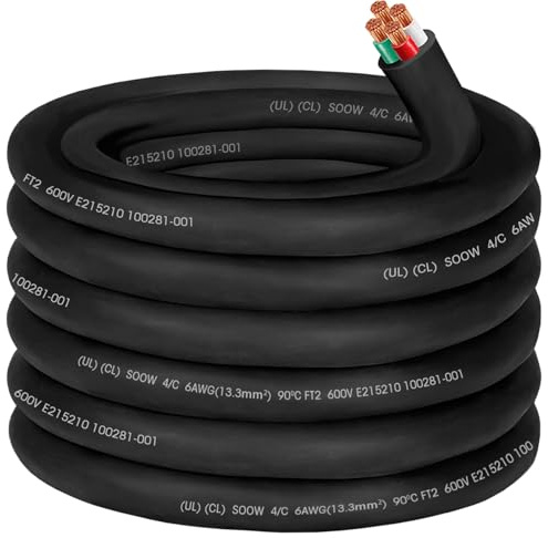 25ft 6/4 6 AWG Portable Power Cable 6 Gauge 600V SOOW Electric Wire 4 Conductor OFC 6 AWG Extension Cord Cable Wire for NEMA 14-50 Generator,Welder,RV Outlet Box,EV Battery Charger,Machinery