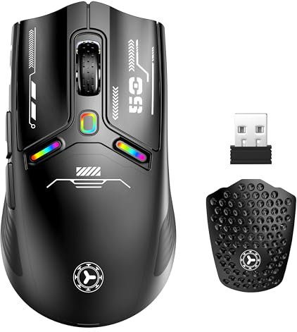 Uiosmuph V08 Mouse da gioco senza fili 2.4G/Bluetooth/USB C, mouse ricaricabile, 6 tasti programmabili, 12000 DPI, copertura magnetica Honeycomb, estensore per computer portatile/PC