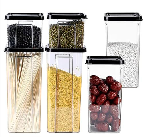Hylruu Storage Containers Set of 6,1800ml &1300ml&700ml Plastic Airtight Food Storage Containers with Lids, Storage Jars for Storing Pasta, Rice, Rlour, Cereal Dispenser Kitchen Organiser Black
