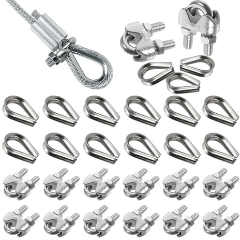 Prmape 24 Pezzi Morsetti per Cavo Acciaio, 12pcs Morsetti per Filo Stendibiancheria 4mm, a Forma di U Morsetti per Fune Metallica e 12pcs Ditale Cavo Acciaio per Fune Metallica 4mm