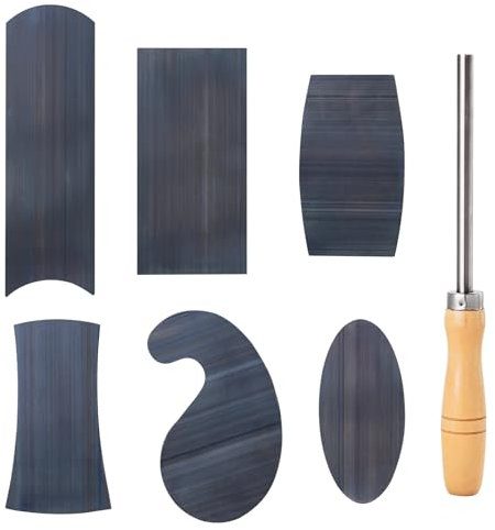 Cabinet Scraper Burnisher with 6 Piece Multi-Shaped Scraper Set 1 Oval 2 Double Convex/concave 1 Rectangle 1 Curved and 1 Goose-Neck Scraper (7 Different Scraper Cards + 1 Burnisher)