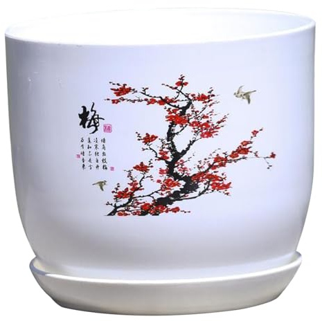 Vaso per piante da interno, 22 x 20 x 15 cm, vaso cinese con sottovaso e foro di drenaggio, vaso da fiori in resina con motivo delicato, per casa, ufficio, stile 1