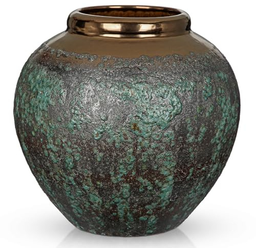 Oairse Keramisk blomvas 21 cm rustik bondgårdsblomvas med bred bronsmun, vintage höga terrakottavaser för hem, kontor, vardagsrum, bord, hylla, spiseldekoration