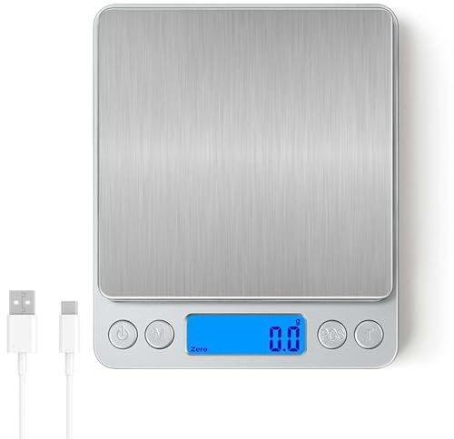 Digitale Küchenwaage: 1kg/0.01g USB Aufladen Feinwaage, Küchenwaage Digital, Hochpräzise Digital Kaffee Skala Digitalwaage, Edelstahl Wiegefläche, Perfekt um Schmuck, Münzen, Puder,zum Backen
