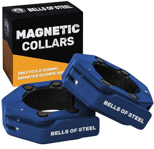 Magnetic Barbell Collars [Bells of Steel] Version 2.0 Premium Weight Bar Clamps, Quick Release Barbell Clips, Olympic Barbell Clamps, High-Strength Nylon Gym Clips, Pair, Blue