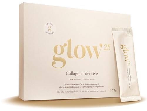 Glow25® Kollagen Intensiv [30 Sticks] – mit Tripeptiden, Vitamin C, Zink und Biotin – Premium Marine Collagen Hydrolysat – Peptide Typ 1 und 3 – Gute Löslichkeit