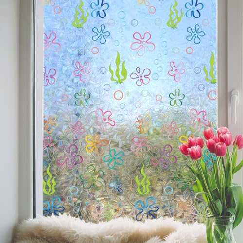 Runtoo Sichtschutzfolie für Fenster, Regenbogen-Blume, Blasen, Fensteraufkleber, 3D-Dekoratives Vinyl, Buntglas, unter dem Meer, Ozean, Seetang, Aufkleber, statischer Aufkleber, nicht klebend, 40 x