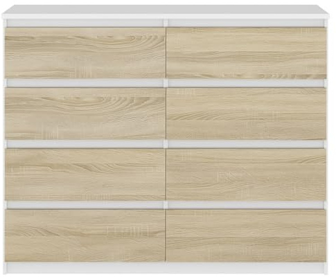 SoDREAMER Schubladenkommode Weiß-Sonoma 8 Fächer 100,5x93x33,5cm | Organizer für Kleidung, Dokumente & Accessoires | Für Wohnzimmer, Büro, Kinder- & Schlafzimmer geeignet