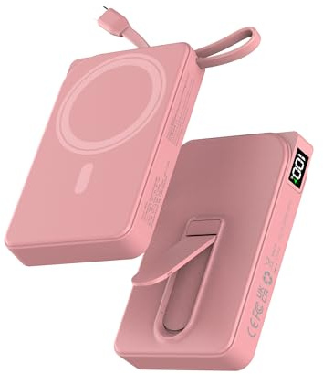 Powerbank Magsafe,10000mAh Power Bank Ricarica Rapida 22.5W a Cavo Integrato,Caricatore Portatile Magnetico con Display LED & Stand, Wireless Batteria Esterna per iPhone 17/16/15/14/13/12/ Serie, Rosa